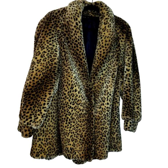 Vintage David Leinoff Mob Wife Old Money Faux Fur Leopard Print Swing Coat Sz 12 - Picture 1 of 10